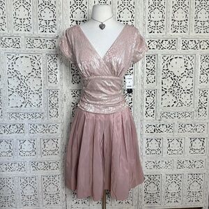SL Fashions Pink Preppy Lace Faux Wrap Short Sleeve Modest Knee Length Dress